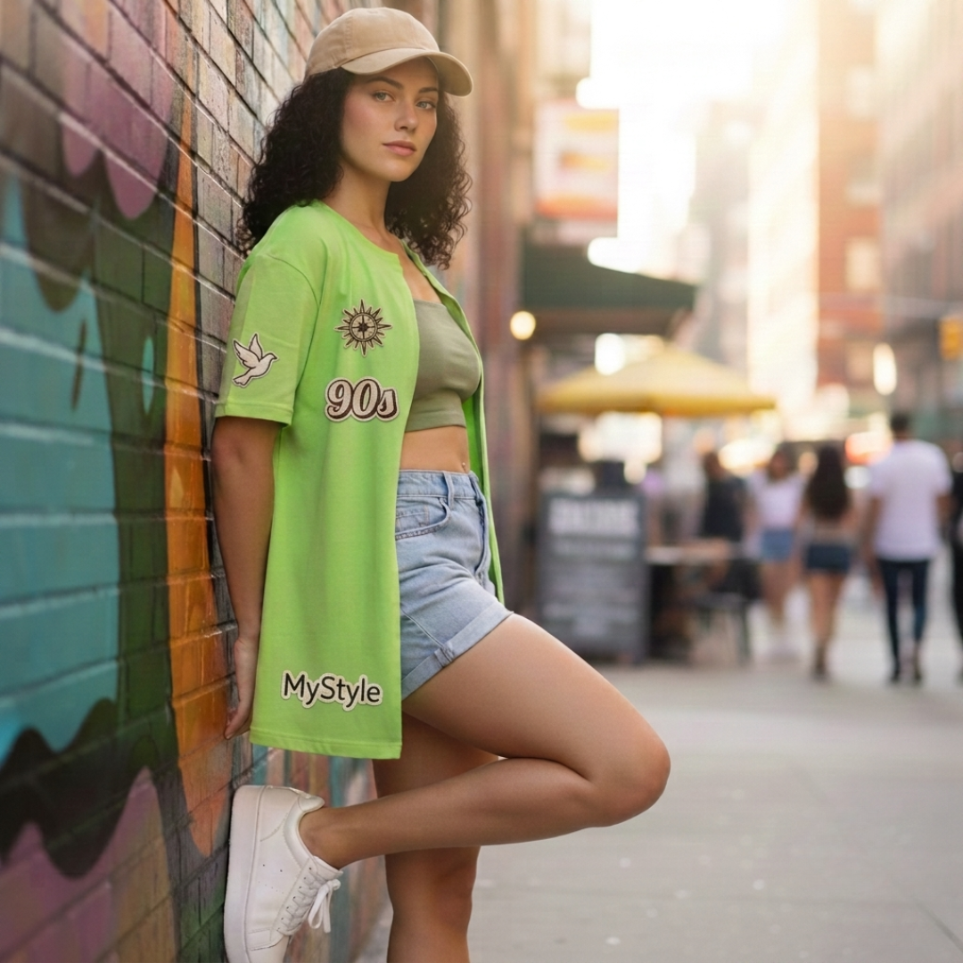 FreeTee Street Vibe — Woman with custom iron-on patches